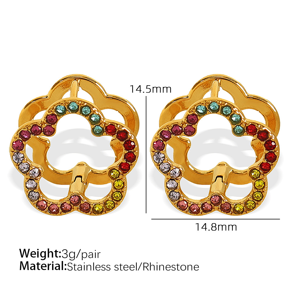 1 Pair Simple Series Sweet Flower Stainless Steel  Gold Color Rhinestone Women's Clip-on Earrings h5 