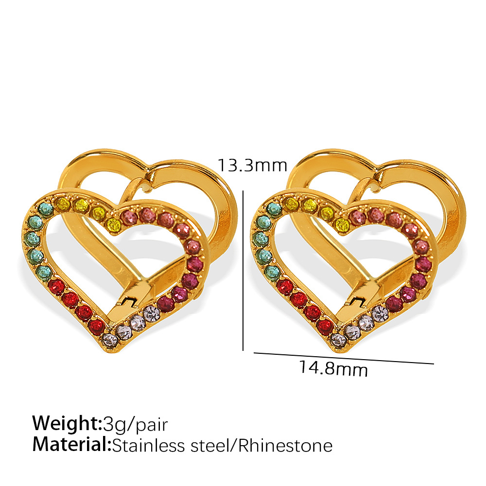 1 Pair Simple Series Sweet Heart Stainless Steel  Gold Color Rhinestone Women's Clip-on Earrings h5 