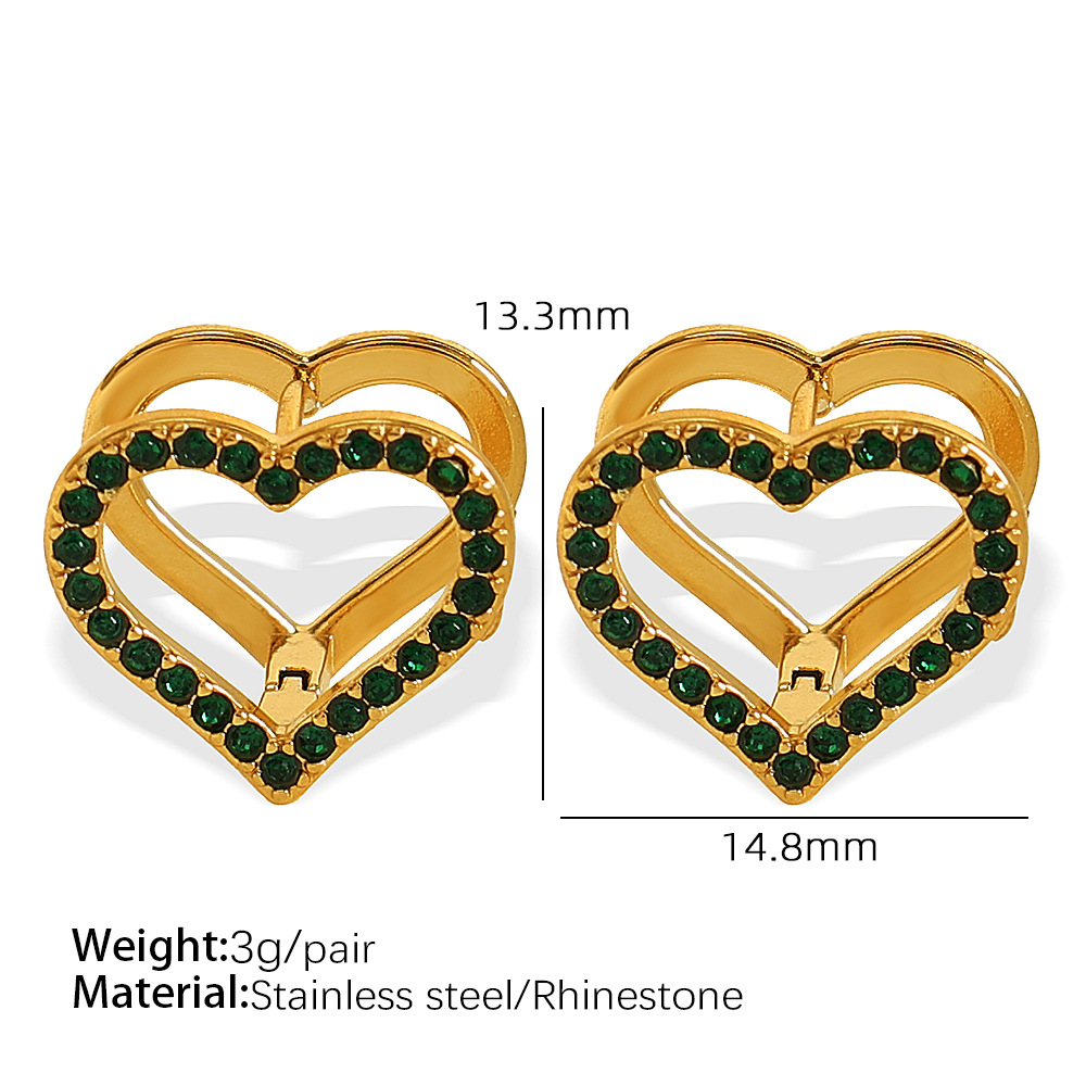 1 Pair Simple Series Sweet Heart Stainless Steel  Gold Color Rhinestone Women's Clip-on Earrings h5 