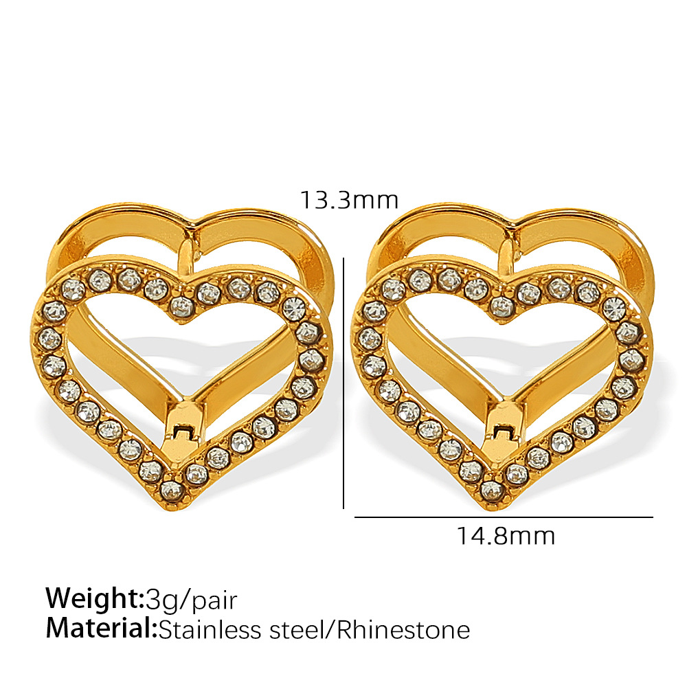 1 Pair Simple Series Sweet Heart Stainless Steel 18K Gold Color Plated Rhinestone Women's Clip-on Earrings h5 