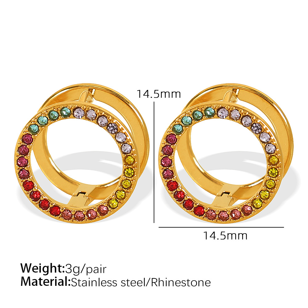 1 Pair Simple Series Sweet Round Stainless Steel 18K Gold Color Plated Rhinestone Women's Clip-on Earrings h5 