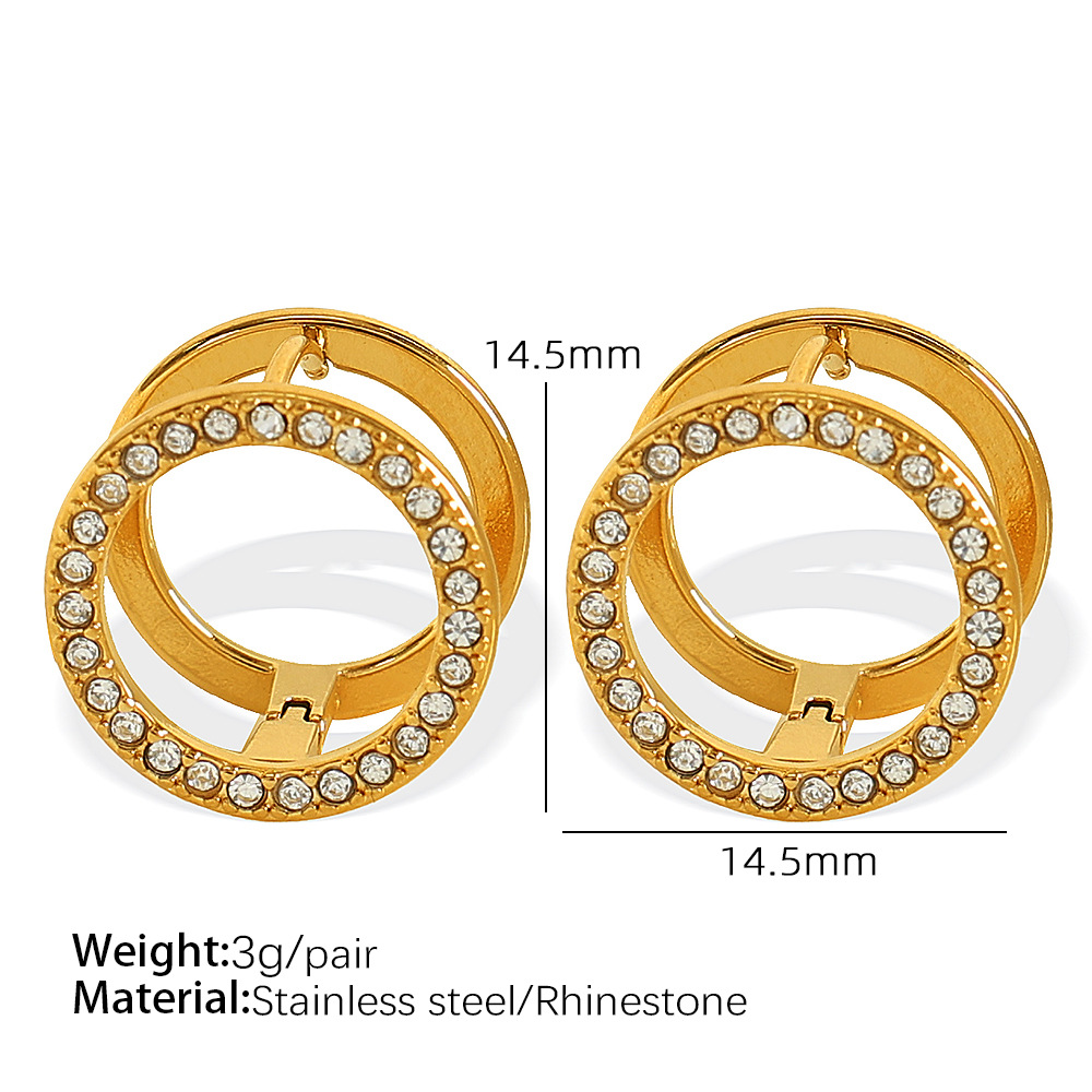 1 Pair Simple Series Sweet Round Stainless Steel 18K Gold Color Plated Rhinestone Women's Clip-on Earrings h5 