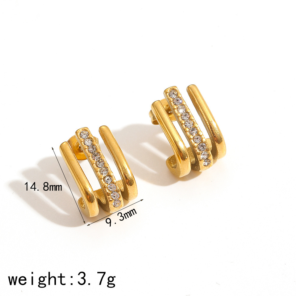 1 Pair Light luxury Style Geometric Stainless Steel 18K Gold Color Plated RhinestonesWomen's Stud Earrings h5 