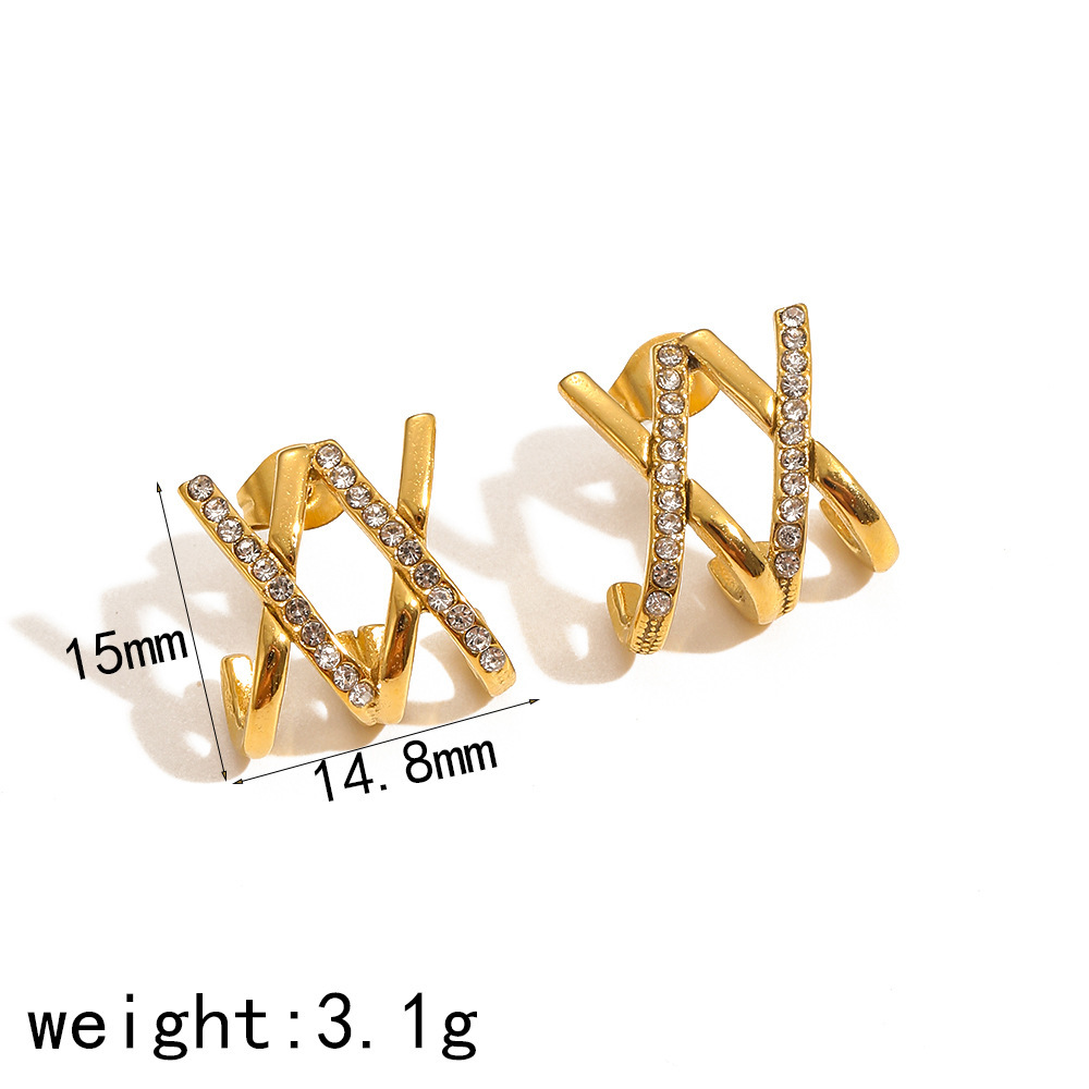 1 Pair Light luxury Style Geometric Stainless Steel  Gold Color Rhinestones Women's Stud Earrings h5 