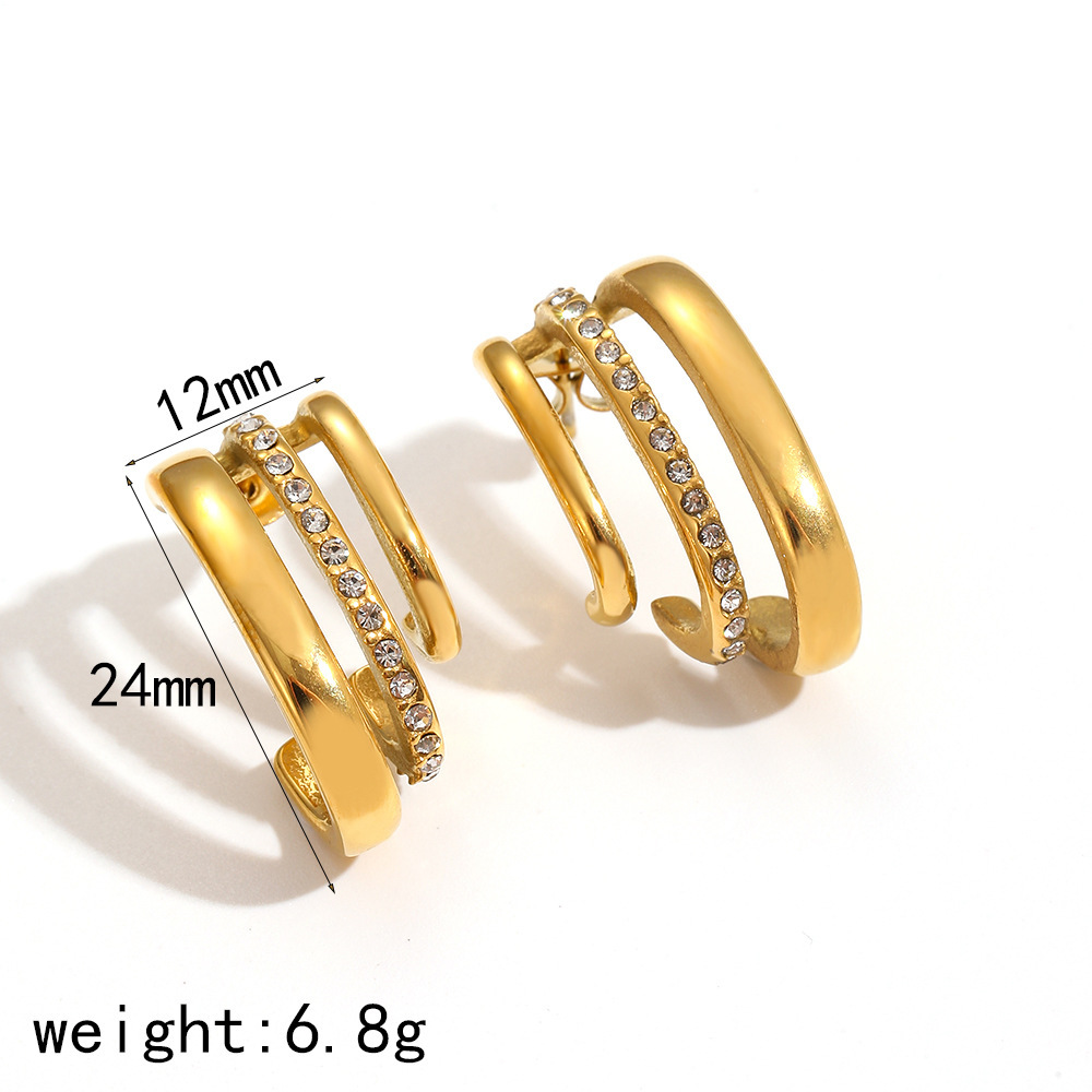 1 Pair Light luxury Style Geometric Stainless Steel 18K Gold Color Plated Rhinestones Women's Stud Earrings h5 