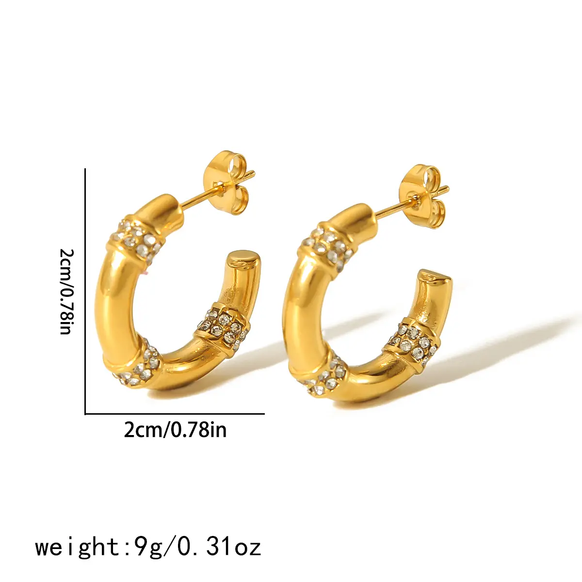 1 Pair Simple Classic Fashionable Style Stainless Steel  Gold Color Inlay Rhinestones Women's Stud Earrings h5 