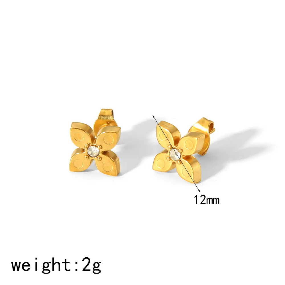 1 Pair French Trendy Sweet Style Dainty Flower Shape Stainless Steel  Gold Color Inlay Rhinestones Women's Stud Earrings h5 