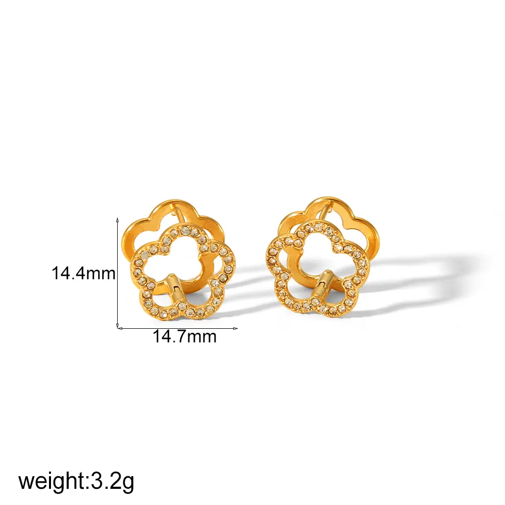 1 Pair Simple Style Hollow Flower Shape Stainless Steel 18K Gold Color Plated Inlay Rhinestones Women's Stud Earrings h5 