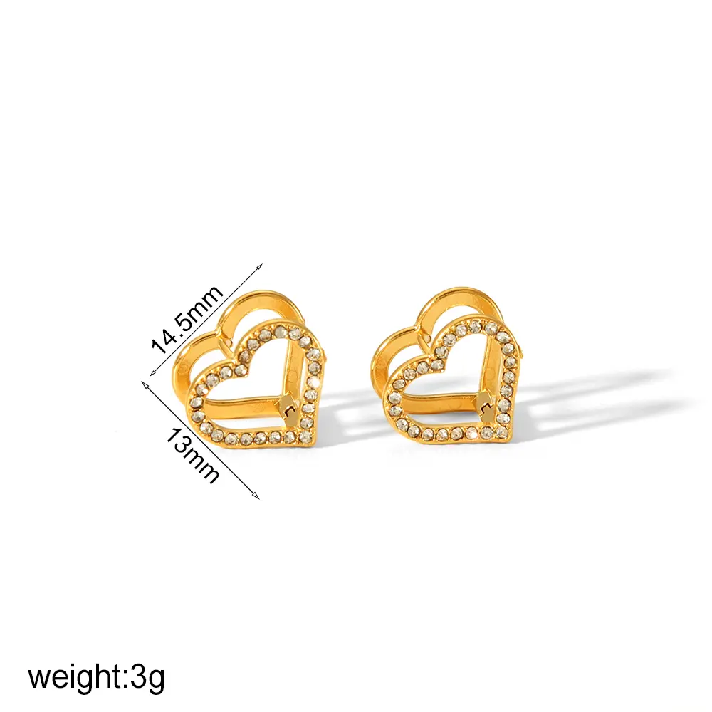 1 Pair Simple Style Hollow Heart Shape Stainless Steel 18K Gold Color Plated Inlay Rhinestones Women's Stud Earrings h5 