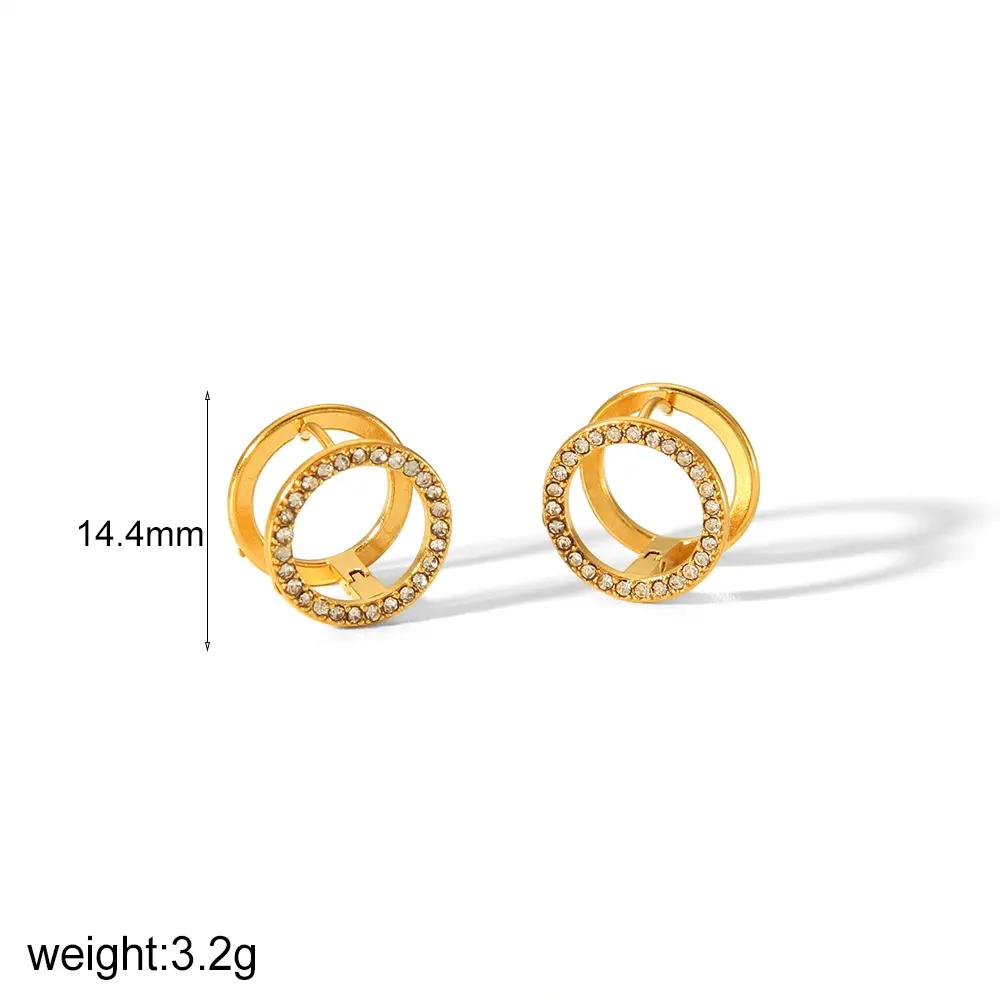 1 Pair Simple Style Hollow Round Shape Stainless Steel 18K Gold Color Plated Inlay Rhinestones Women's Stud Earrings h5 