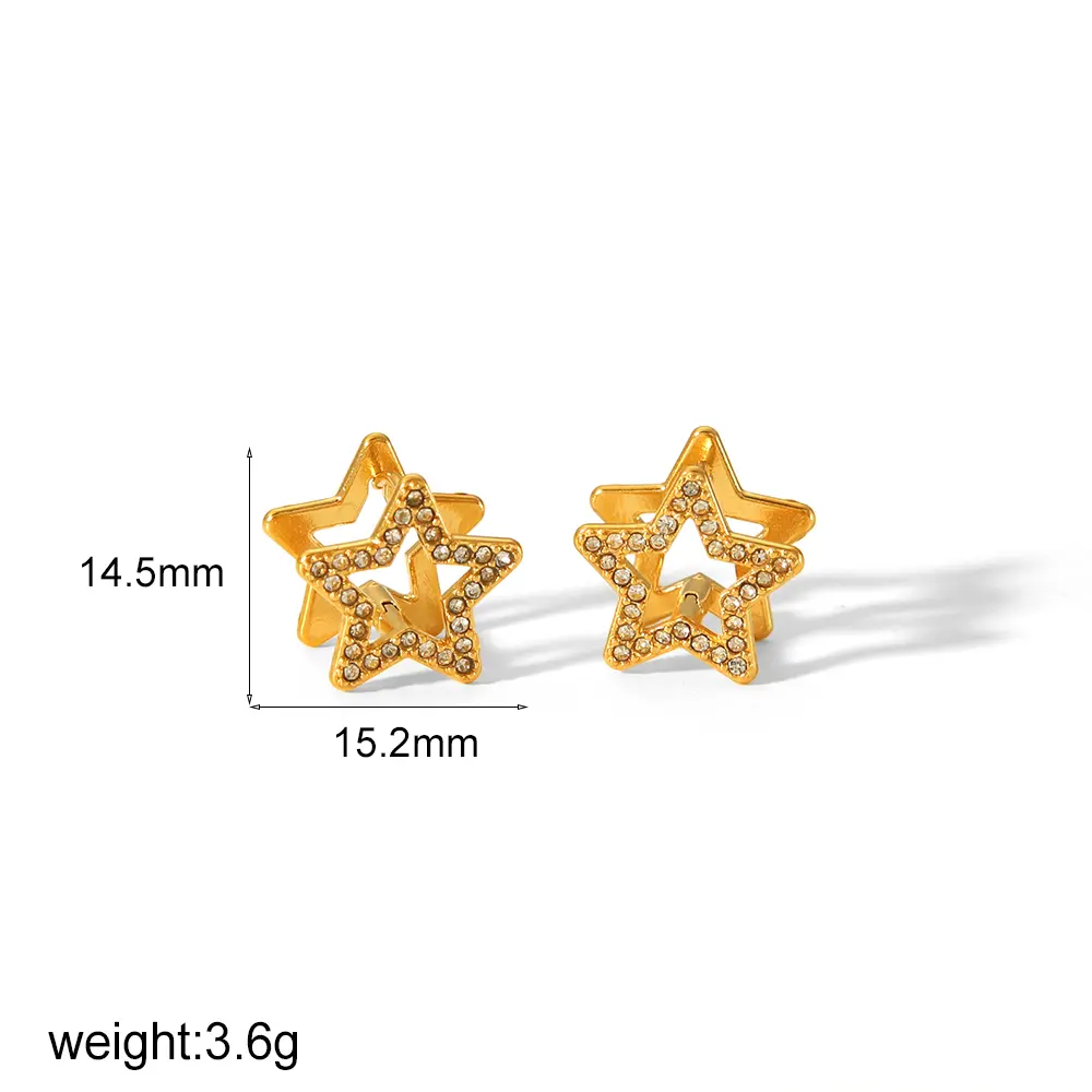 1 Pair Simple Style Hollow Star Shape Stainless Steel  Gold Color Inlay Rhinestones Women's Stud Earrings 