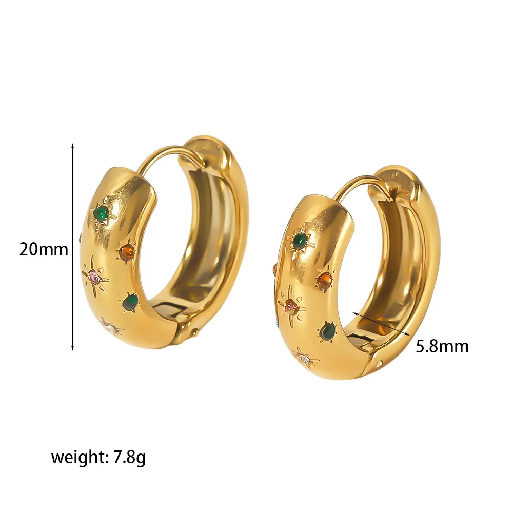 1 Pair Simple Style Star Carved Round Shape Stainless Steel  Gold Color Inlay Rhinestones Women's Hoop Earrings h5 