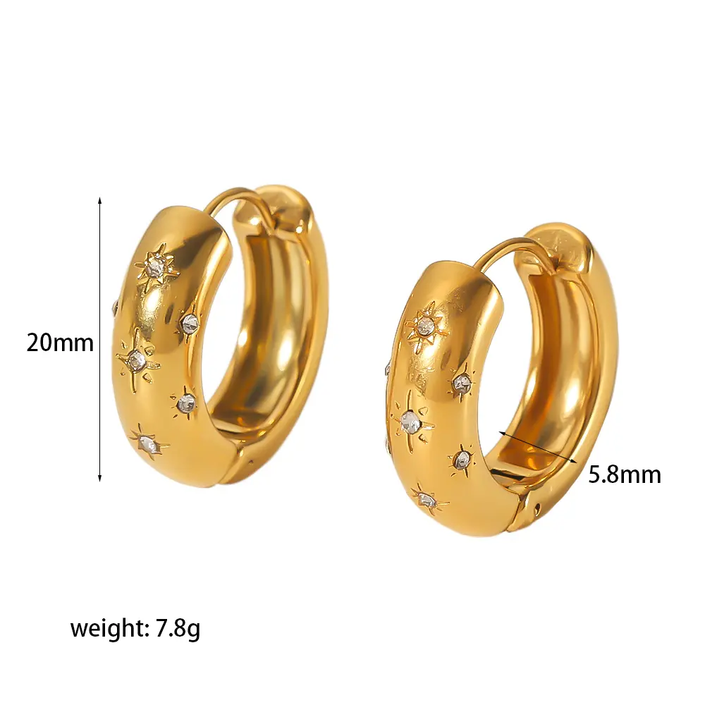 1 Pair Simple Style Star Carved Round Shape Stainless Steel  Gold Color Inlay Rhinestones Women's Hoop Earrings h5 