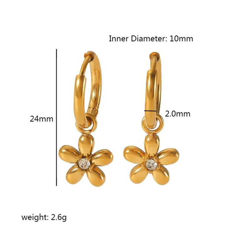 1 Pair Simple Classic Flower Dainty Style Dangled Stainless Steel  Gold Color Inlay Zircons Women's Drop Earrings h5 