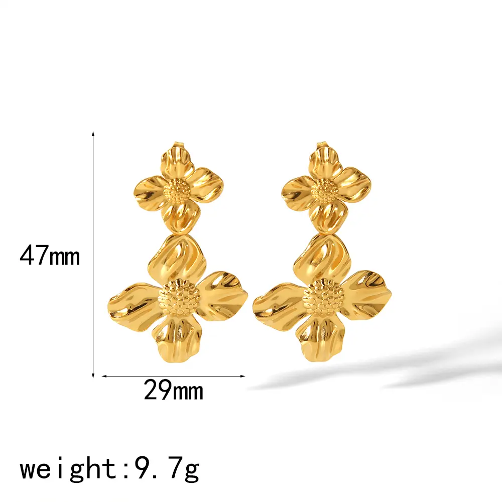 1 Pair Retro Style Flower Dangle Stainless Steel  Gold Color Women's Drop Earrings 