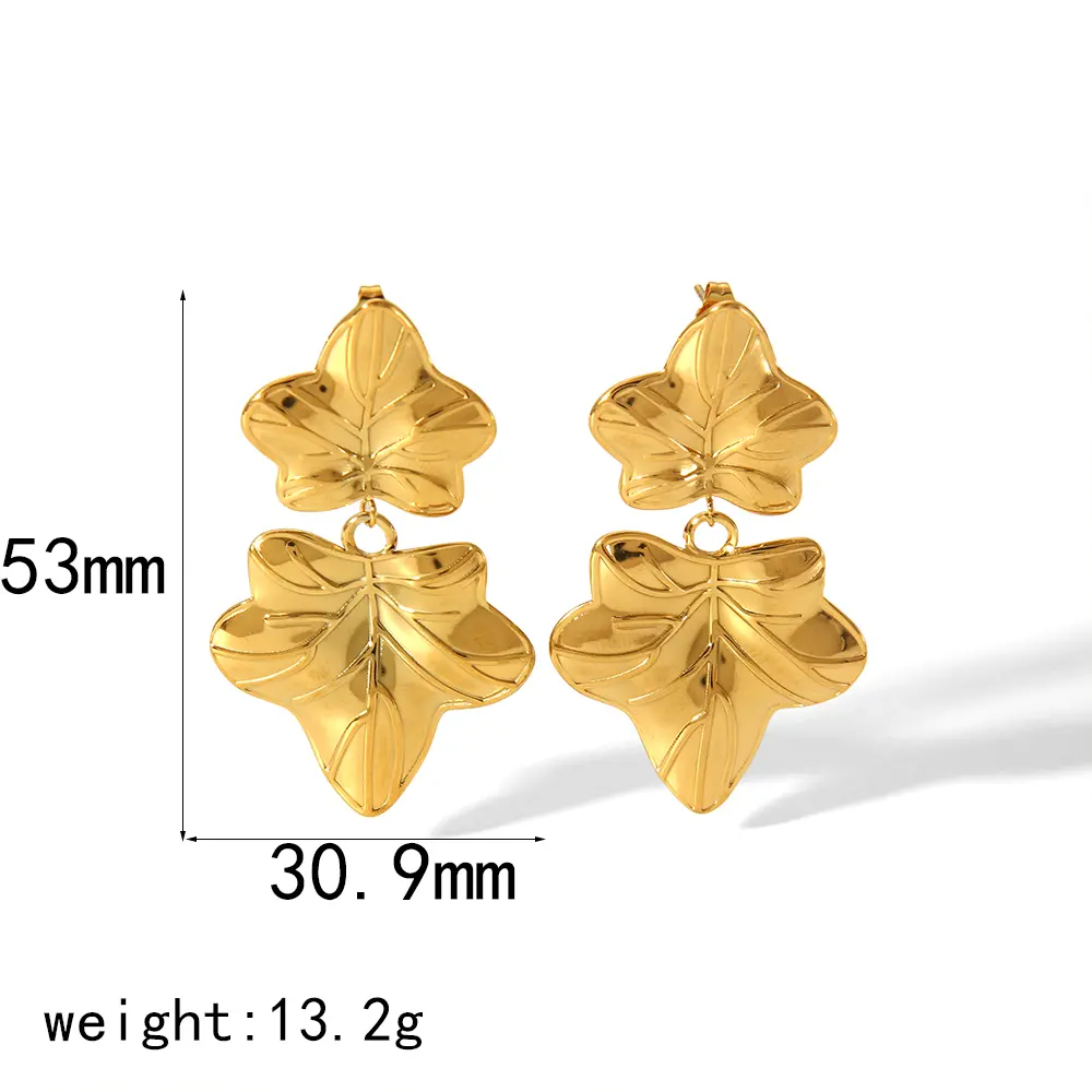 1 Pair Retro Style Leaf Dangle Stainless Steel  Gold Color Women's Drop Earrings h5 