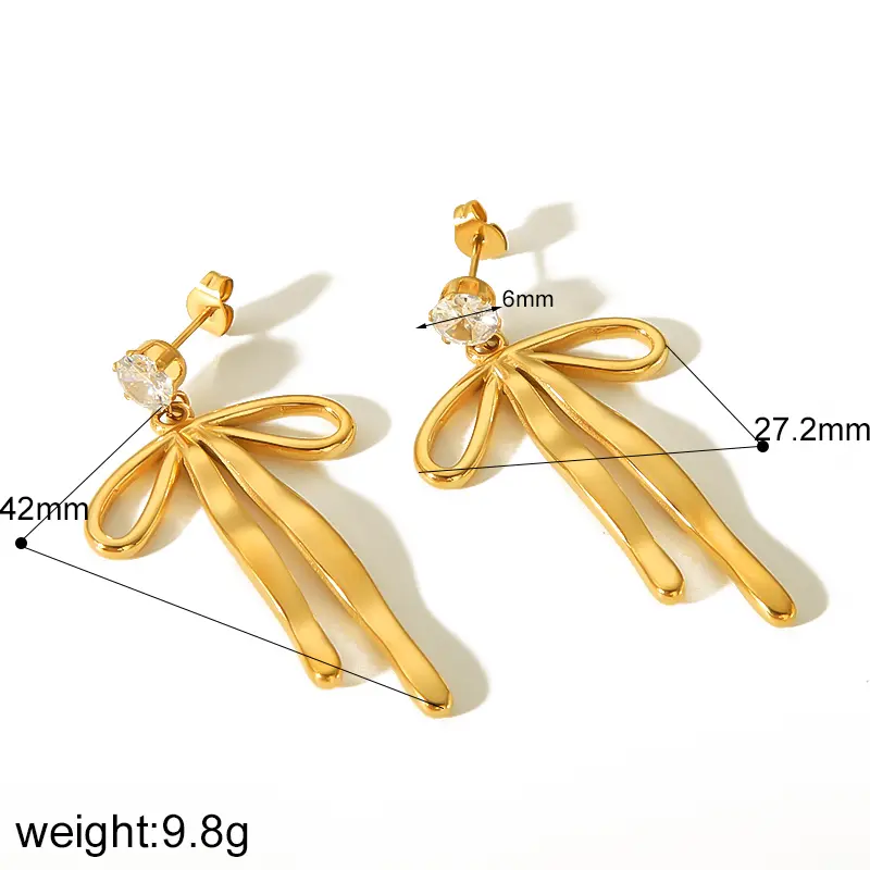 1 Pair Trendy Simple Style Bowknot Shape Stainless Steel 18K Gold Color Plated Inlay Rhinestones Women's Drop Earrings h5 