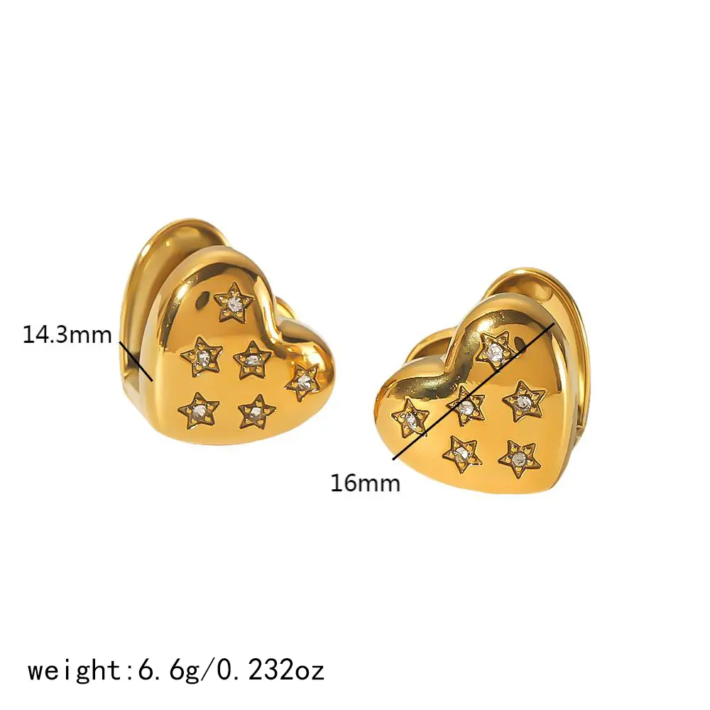 1 Pair Simple Sweet Style Star Carved Heart Shape Satinless Steel  Gold Color Inlay Rhinestones Women's Clip-on Earrings h5 