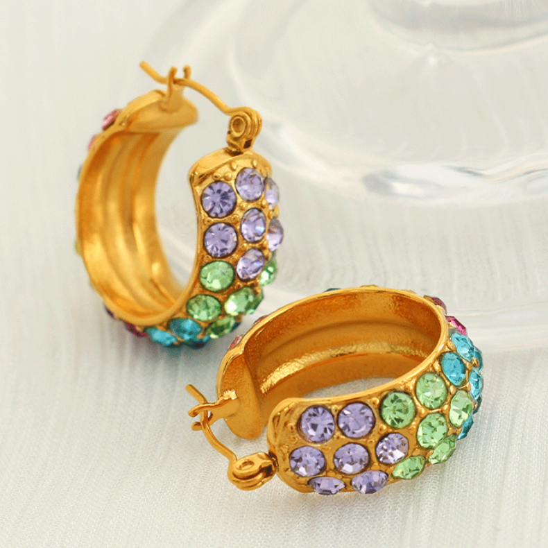 1 Pair Luxurious Series Simple Geometric Stainless Steel  Gold Color Rhinestone Women's Hoop Earrings 