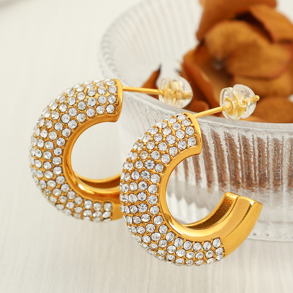 1 Pair Luxurious Series Simple Geometric Stainless Steel  Gold Color Rhinestone Women's Hoop Earrings h5 