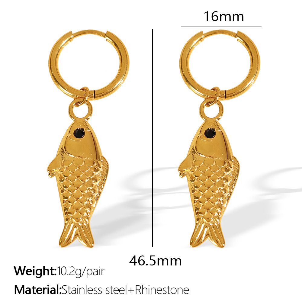 1 Pair Classic Series Daily Fish Titanium Steel  Gold Color Rhinestone Women's Drop Earrings h5 