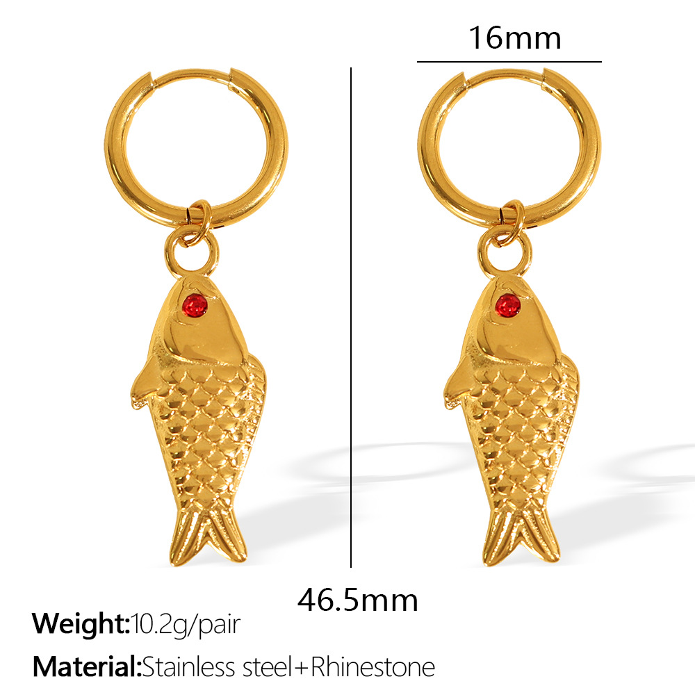 1 Pair Classic Series Daily Fish Titanium Steel  Gold Color Plated Rhinestone Women's Drop Earrings h5 