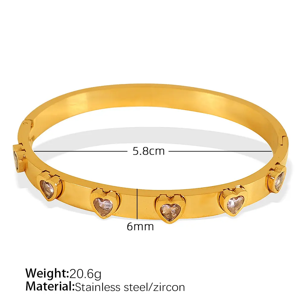 1 Piece Simple Series Classic Heart Stainless Steel  Gold Color Zircon Women's Bangles h5 