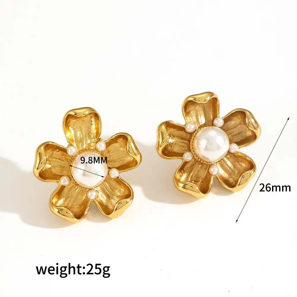 1 Pair Classic Series Elegant Flower Stainless Steel  Gold Color Artificial Pearl Women's Stud Earrings h5 