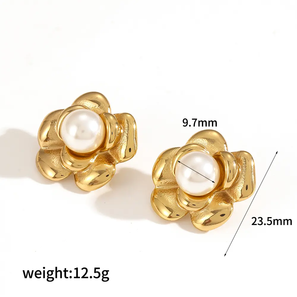 1 Pair Classic Series Elegant Flower Stainless Steel  Gold Color Artificial Pearl Women's Stud Earrings 