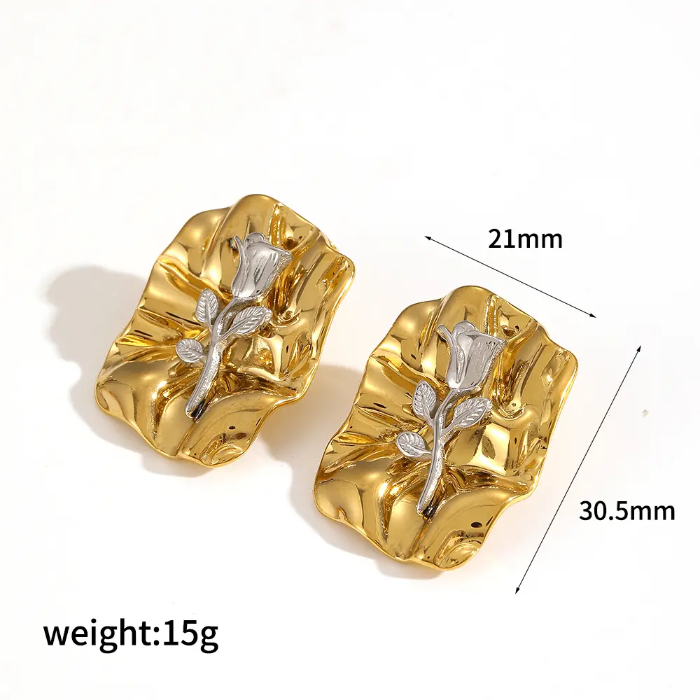 1 Pair Classic Series Elegant Flower Stainless Steel  Gold Color Women's Stud Earrings h5 