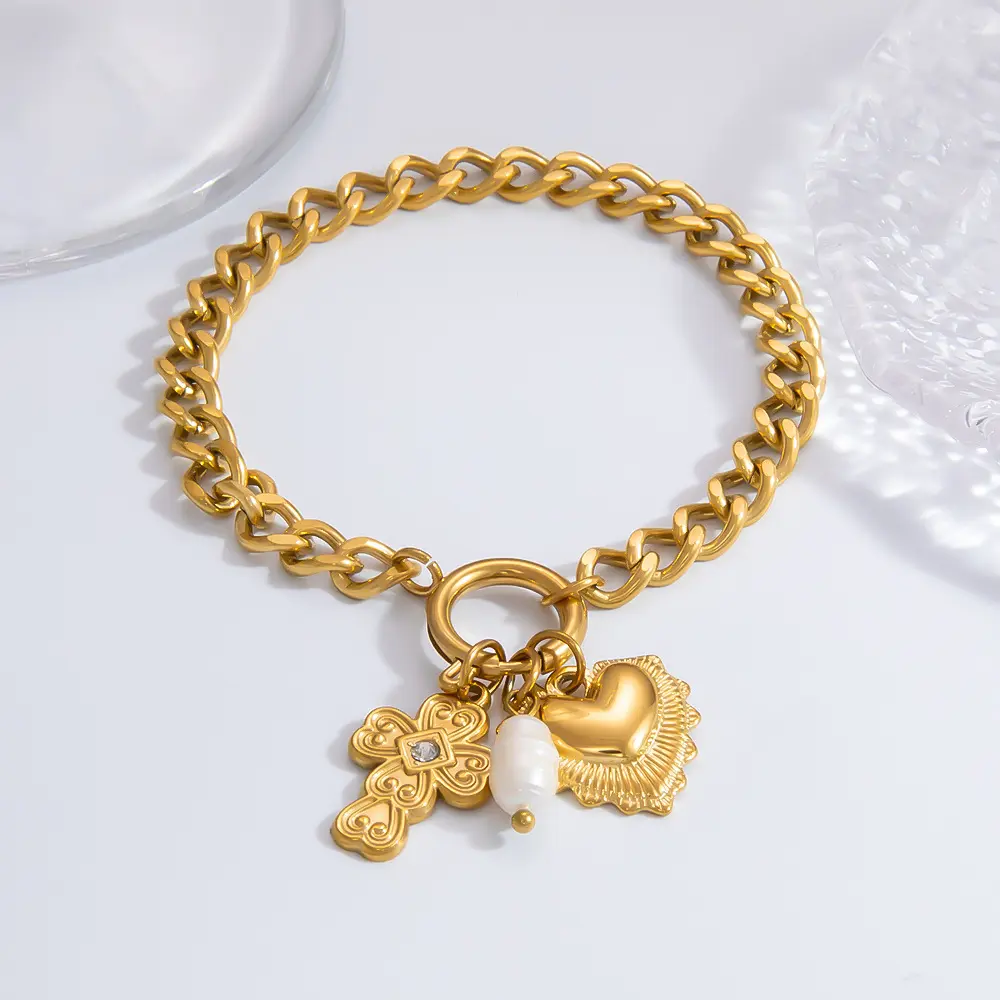 1 Piece Classic Series Daily Cross Stainless Steel  Gold Color Rhinestone Women's Charm Bracelets 2