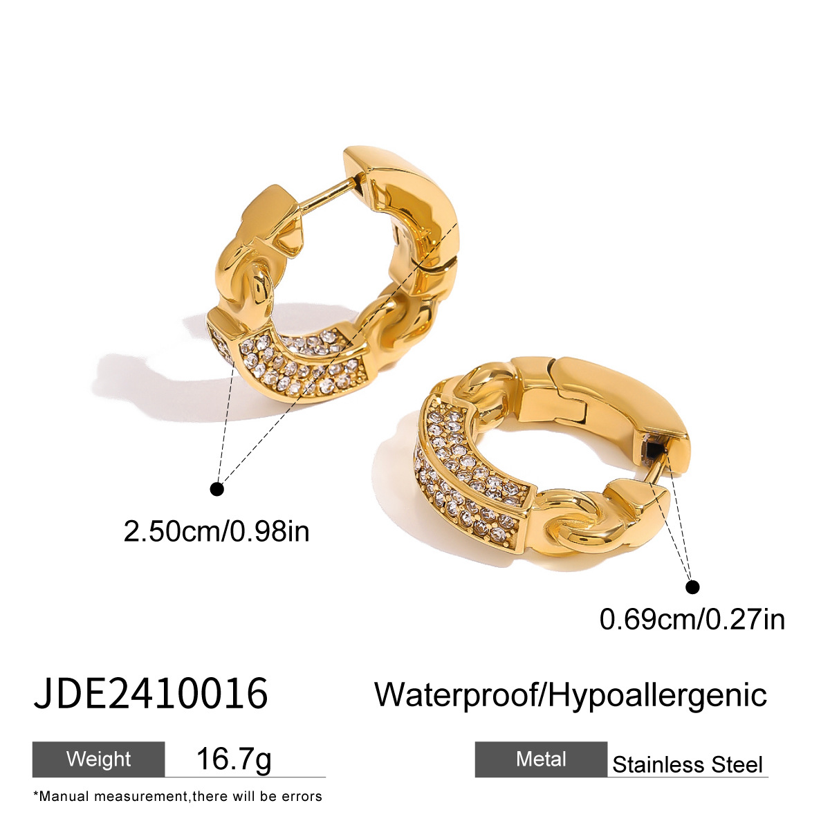 1 Pair Simple Series Elegant Annular Stainless Steel  Gold Color Rhinestone Women's Hoop Earrings h5 