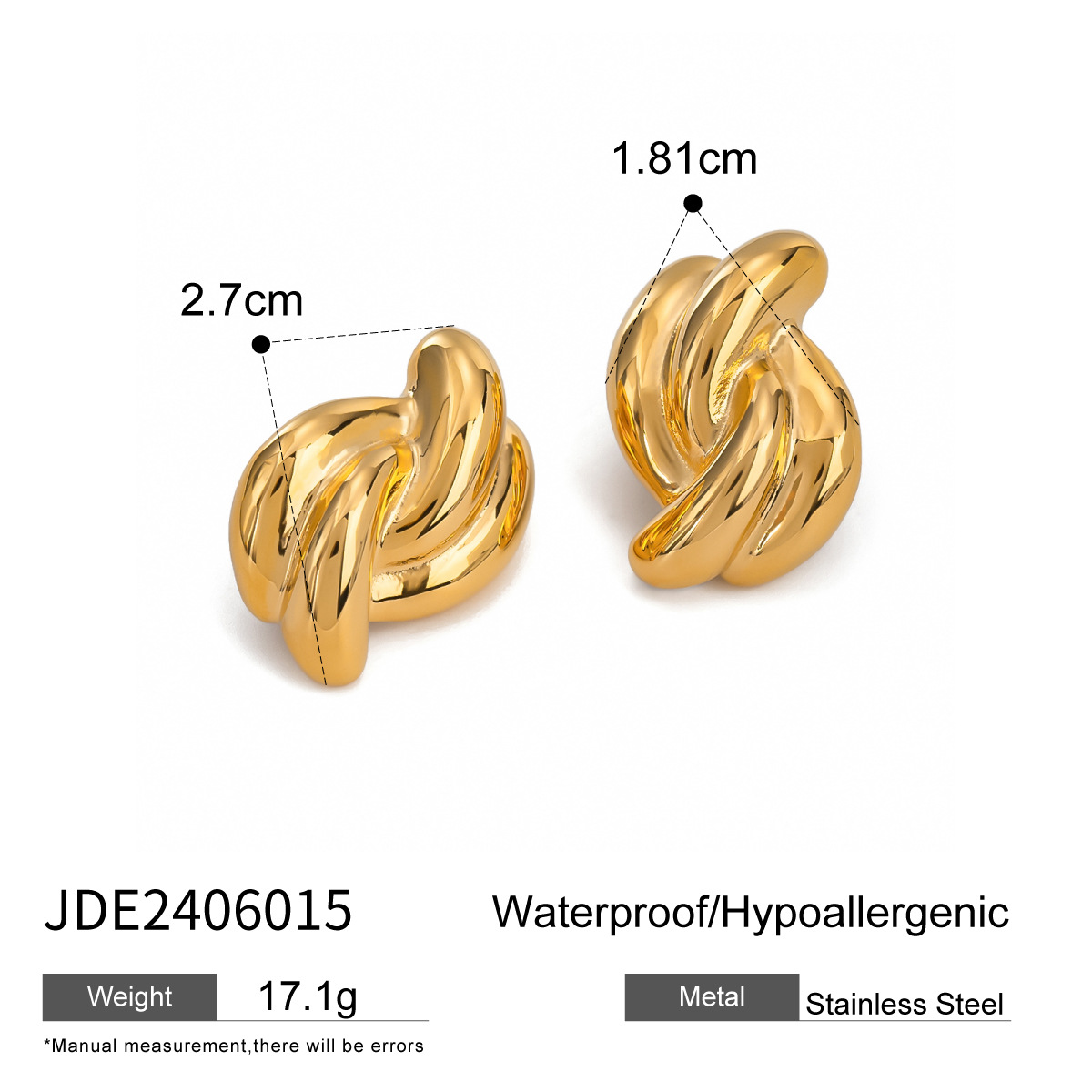 1 Pair Simple Style Twist Geometric Stainless Steel  Gold Color Women's Stud Earrings 