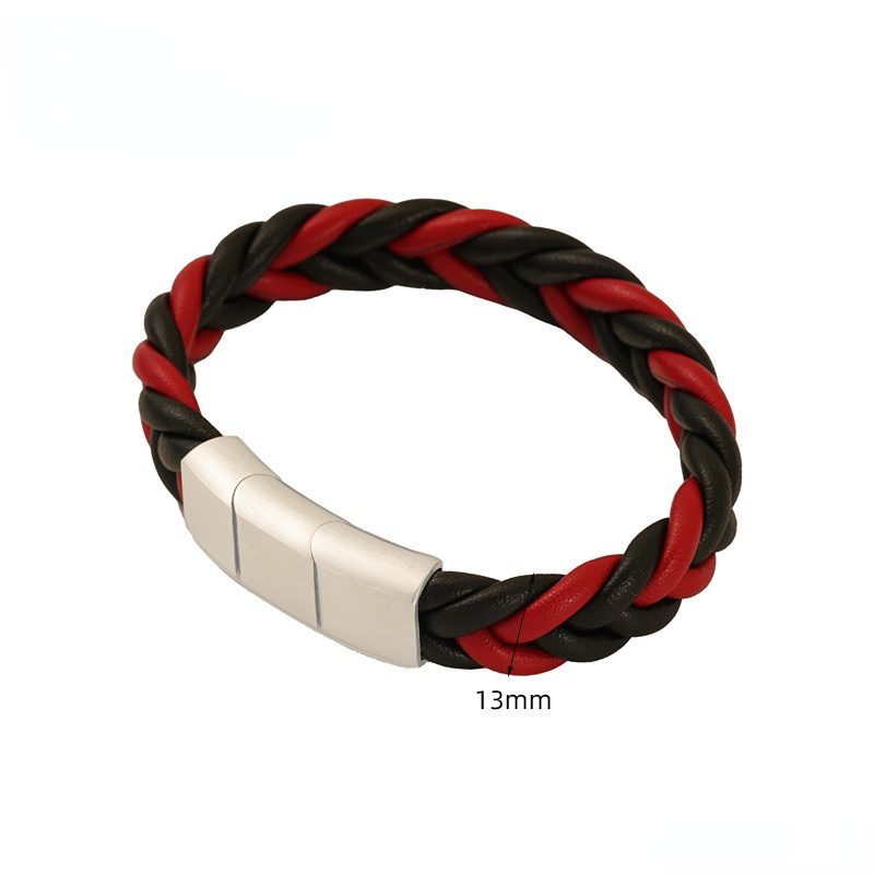 Rot / 1 Stück Minimalistisches modernes geflochtenes Lederarmband aus Edelstahl in Silber für Herren Bild3