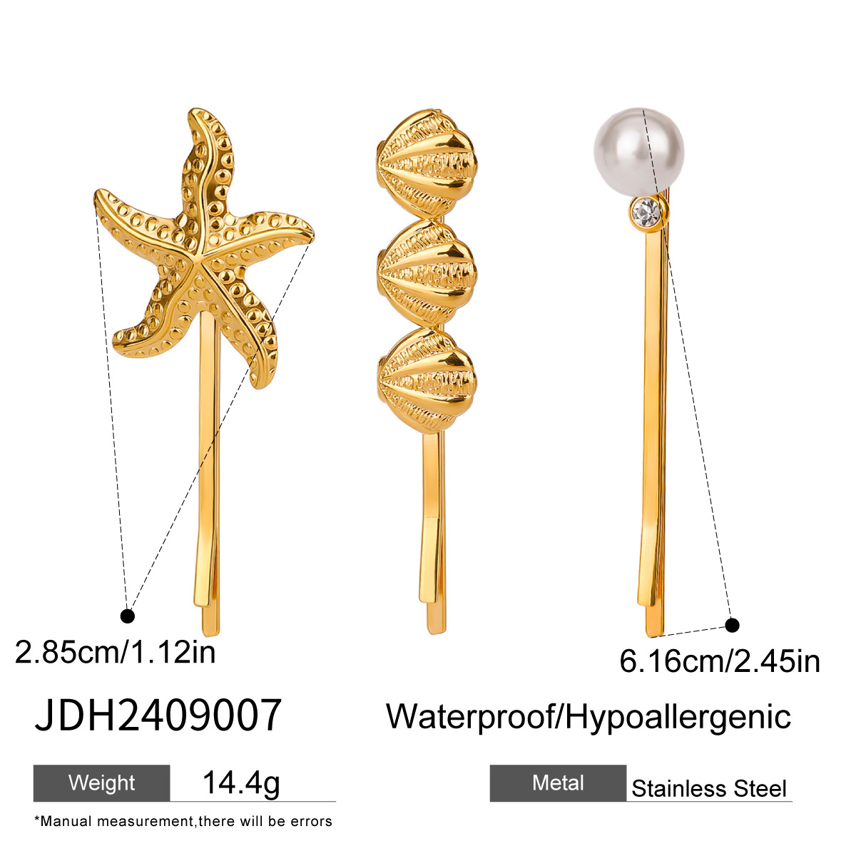 1 Set Simple Series Sweet Starfish Stainless Steel  Gold Color Artificial Pearl Women's Hair Clips h5 