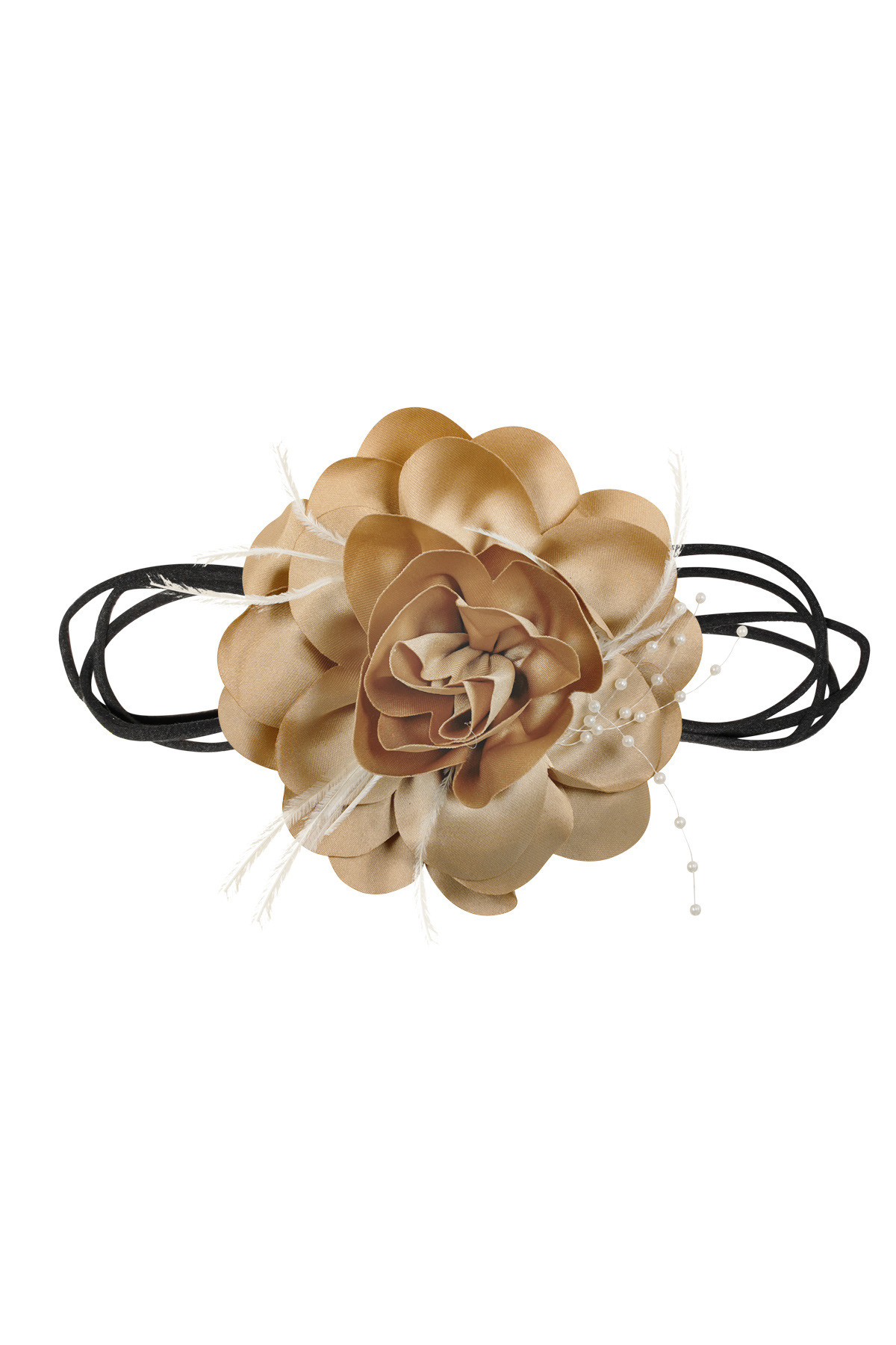Collier ruban avec fleur et perles - marron