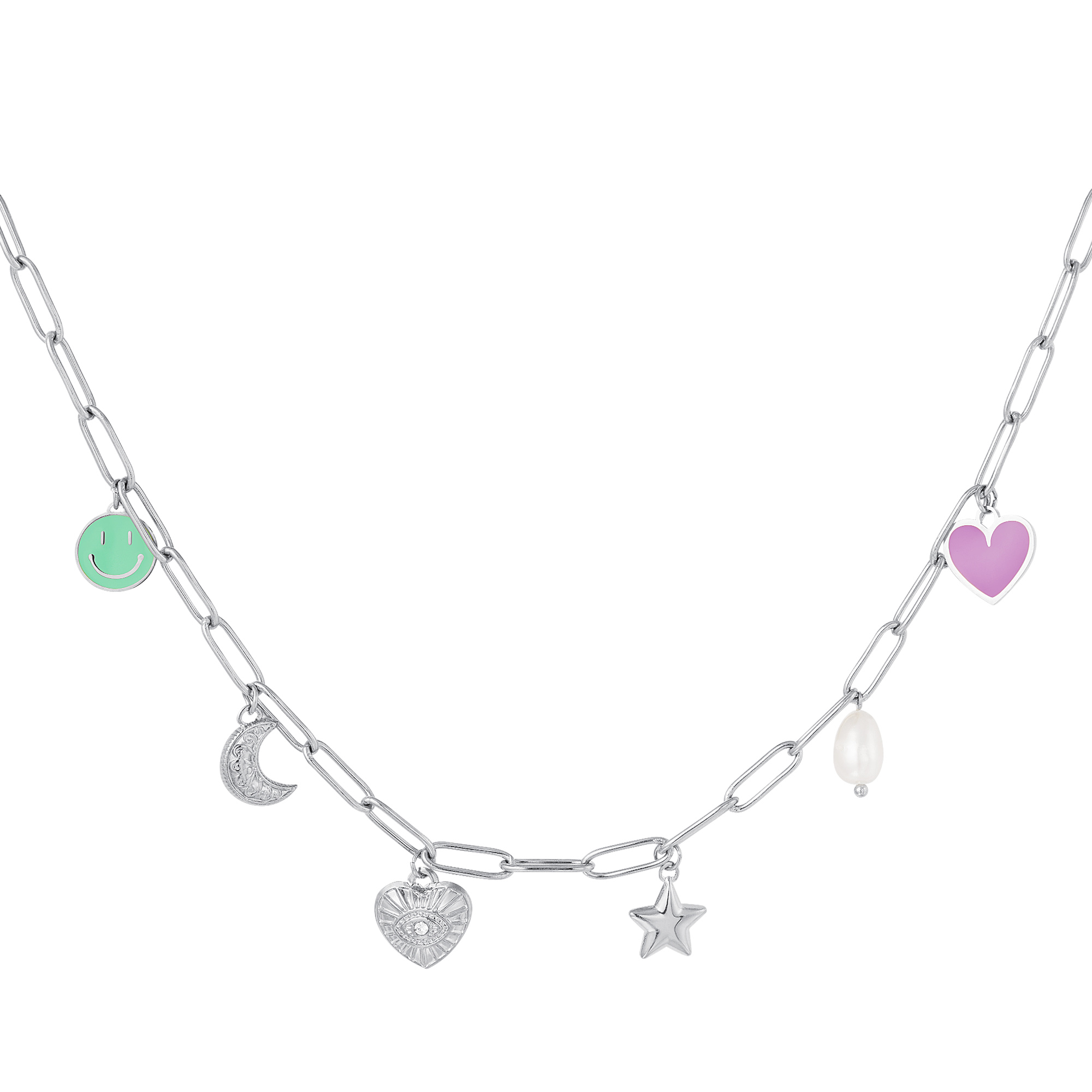 Linked Necklace with six Charms Silver Color Stainless Steel  h5 