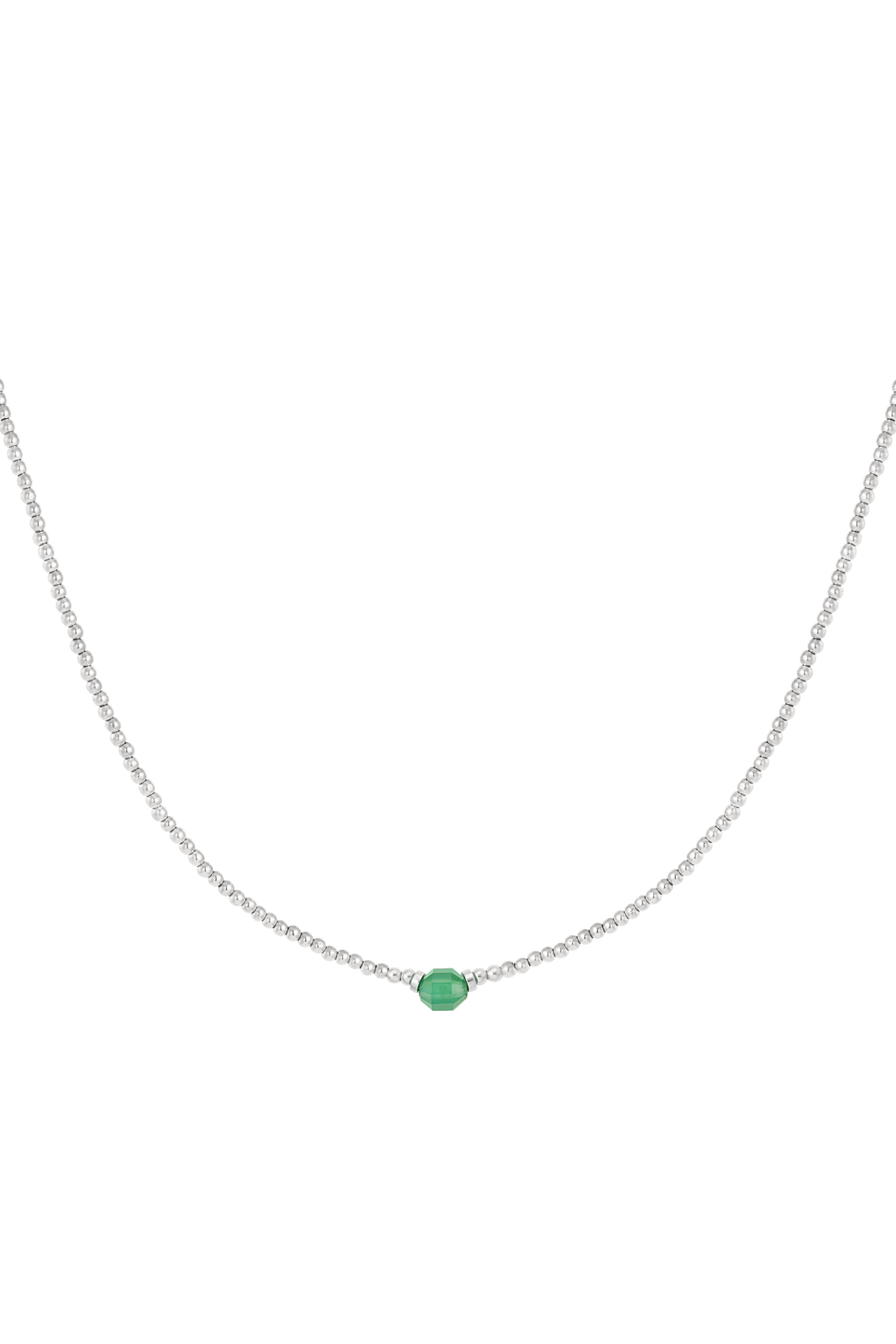 Stainless Steel Natural Stone Pendant Beaded Chain Necklace - Green & Silver 