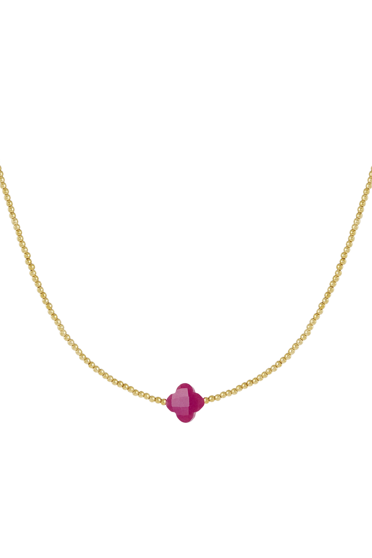 Beaded necklace clover - Natural stones collection Fuchsia Stainless Steel