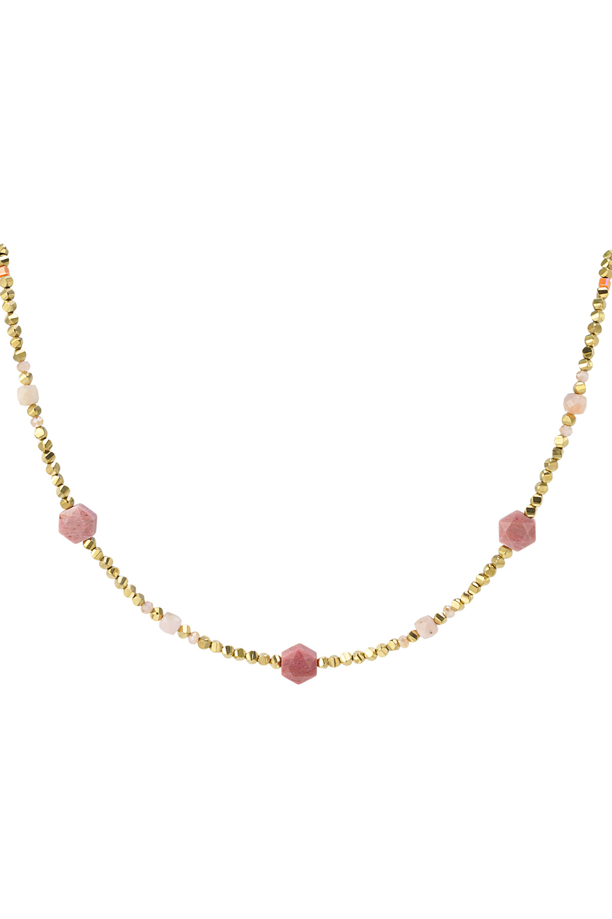 Beaded necklace different beads - pink &amp; gold Stainless Steel