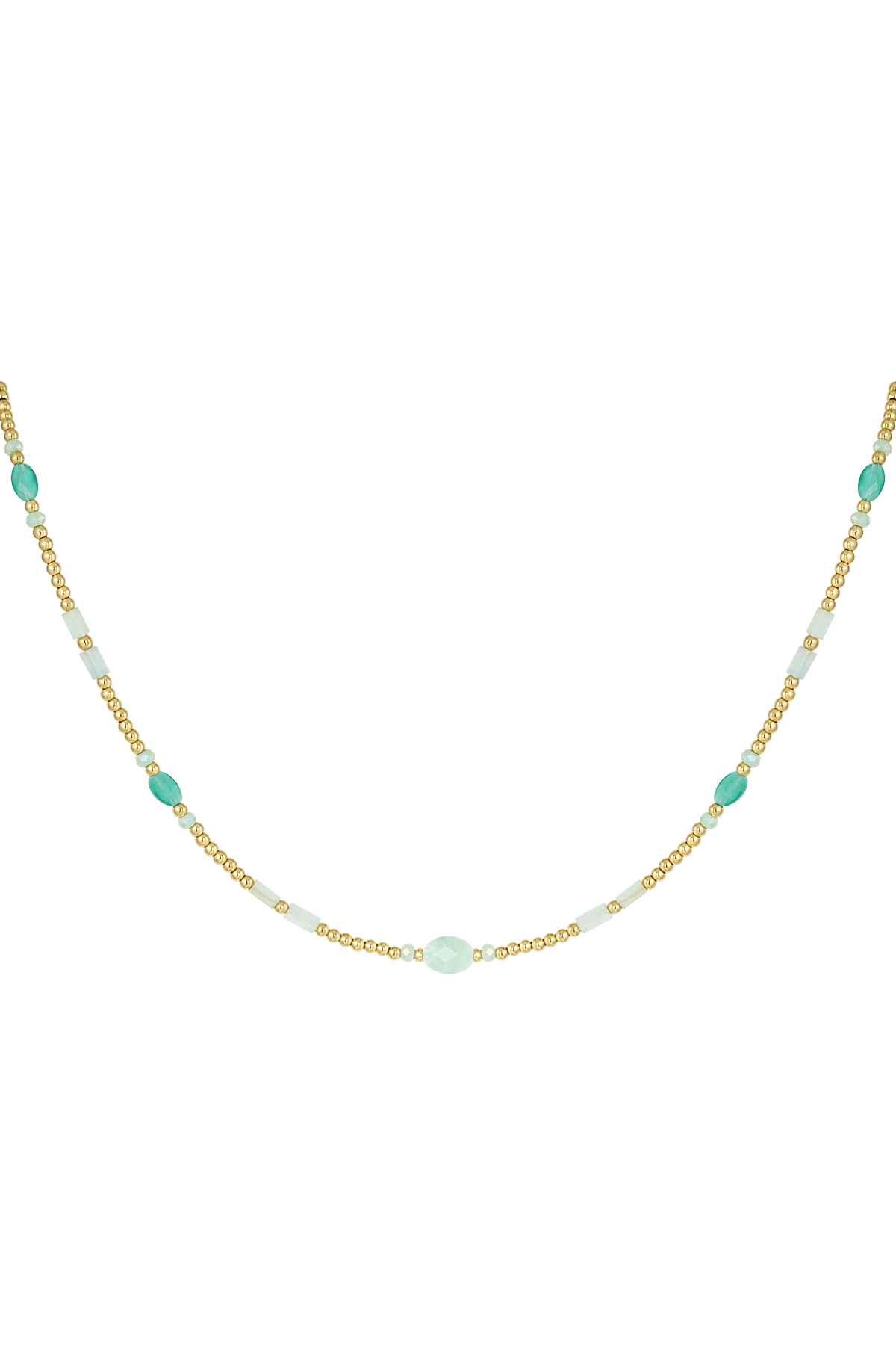 Perlenkette mit bunten Details - grüner und goldener Edelstahl