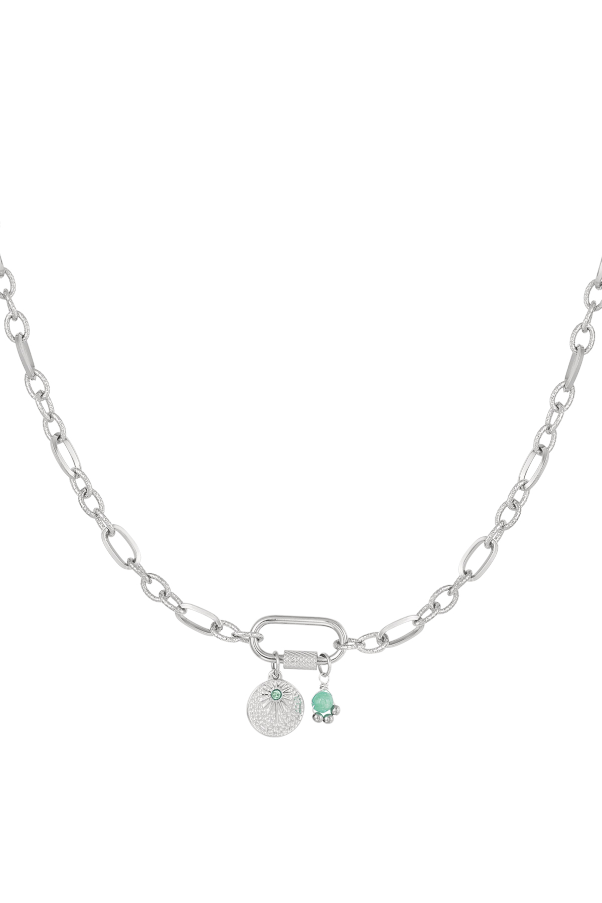 Link chain with charms - green &amp; silver Stainless Steel
