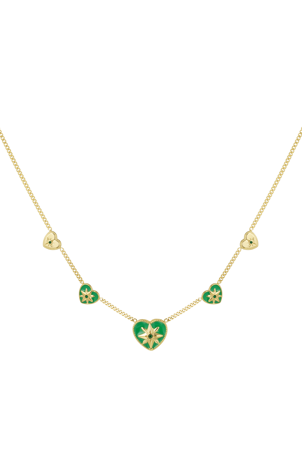 Necklace 5 hearts green - gold