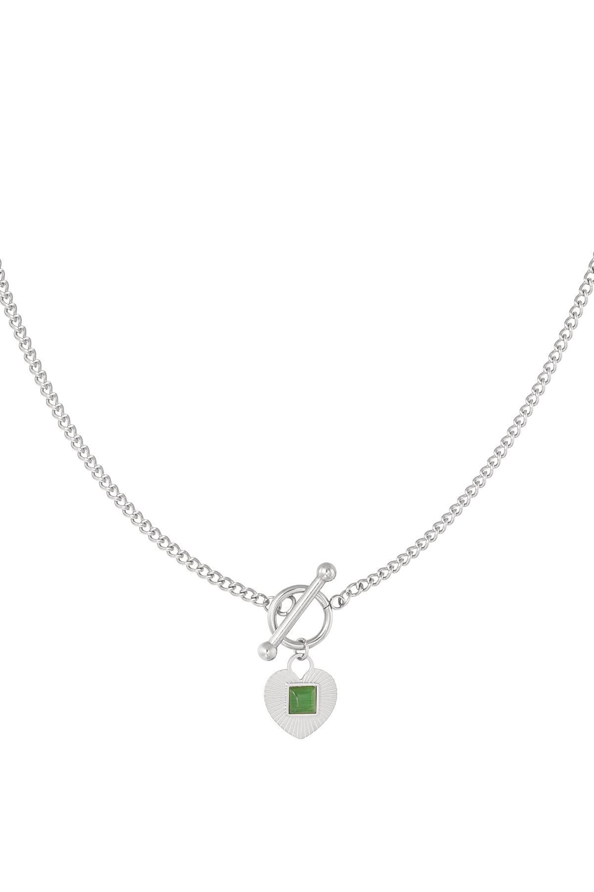 Chain round closure and green heart detail - silver