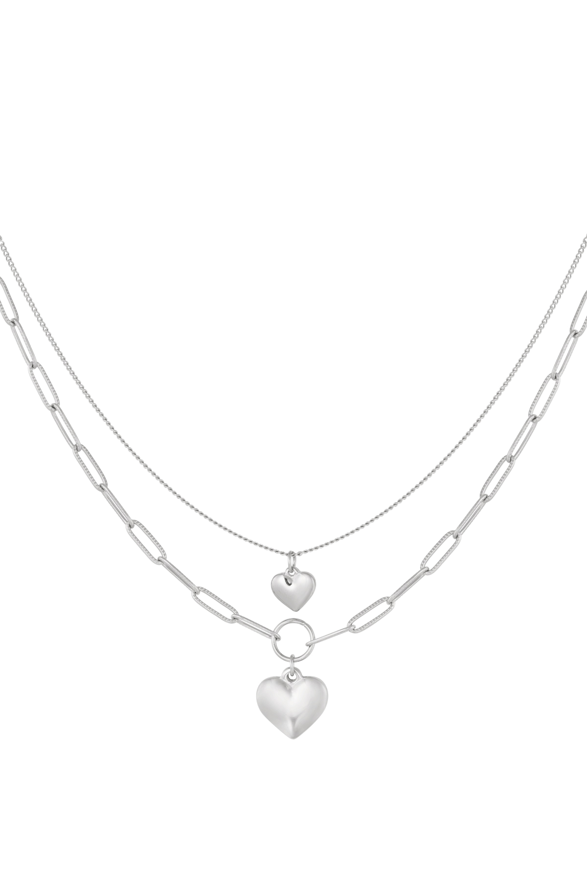 Double chain necklace with hearts - silver