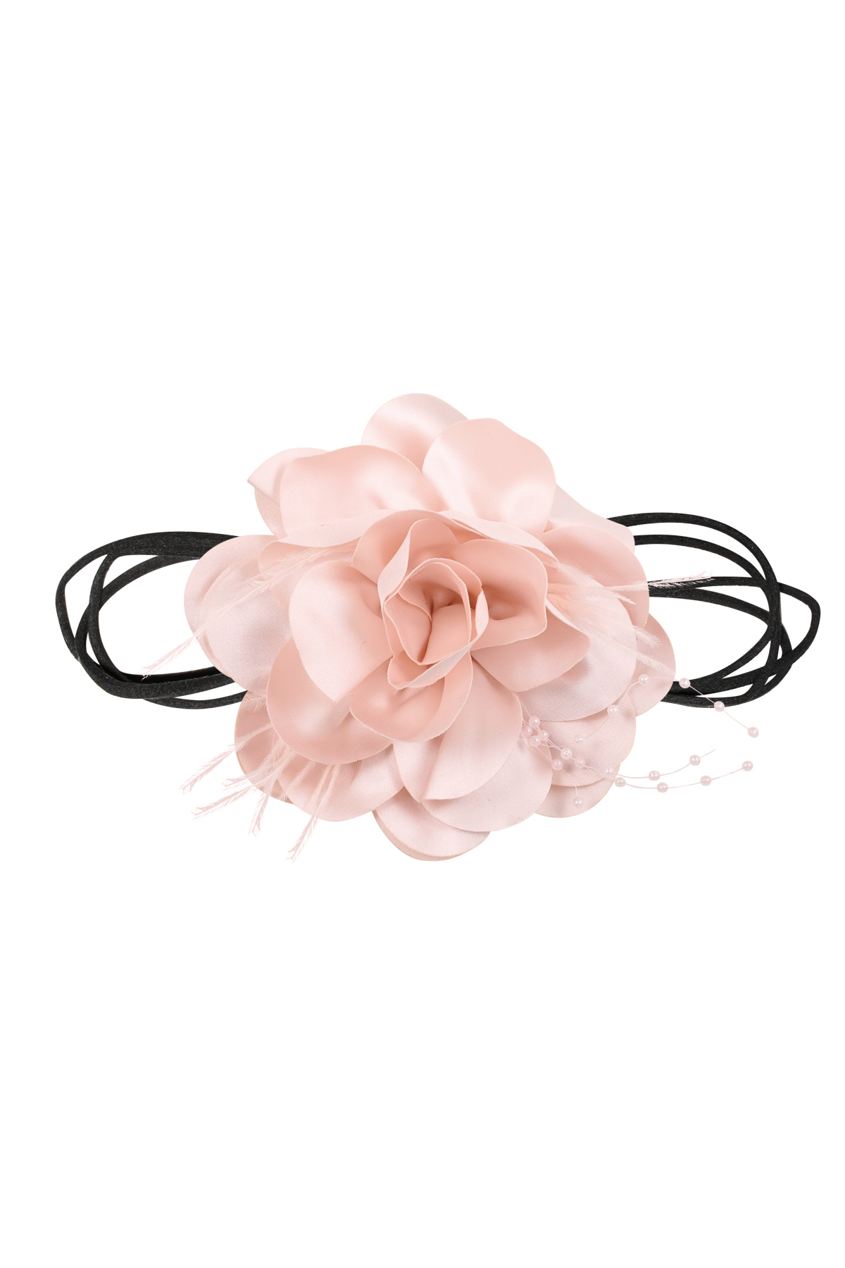 Collier ruban fleur et perles - rose clair 