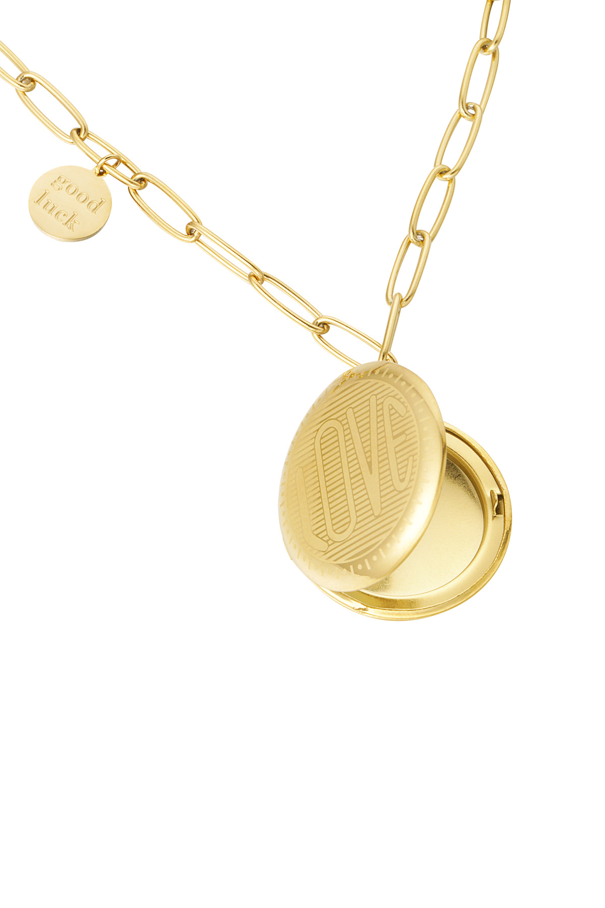 Link chain round coin & good luck - Gold color