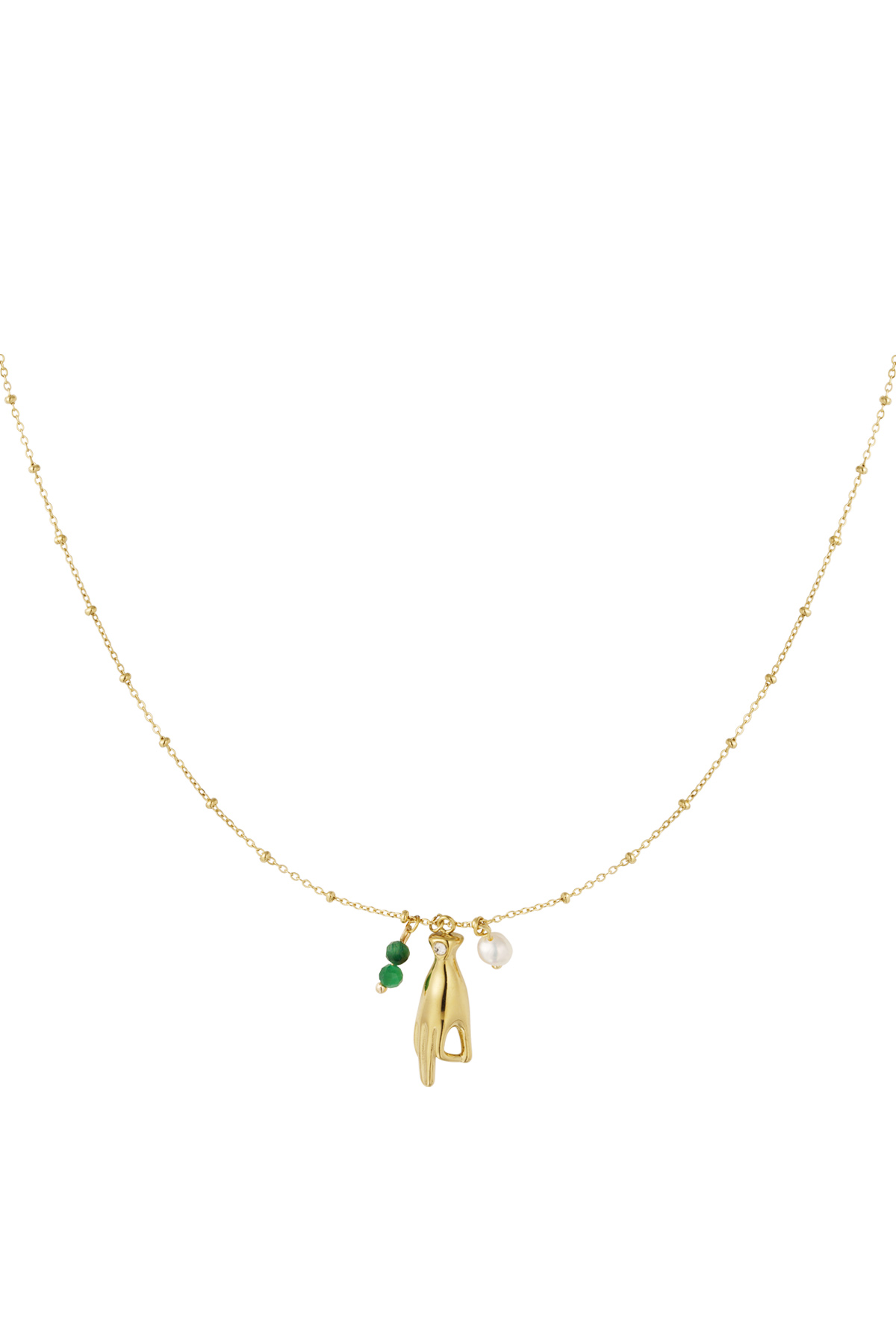 Necklace with open hand charm - green Gold color