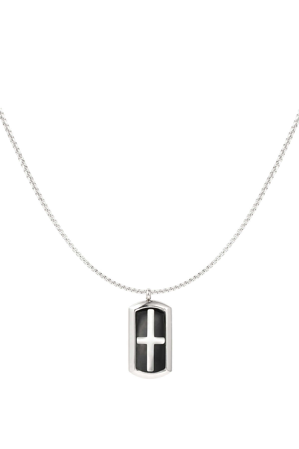 Men's necklace rectangular cross charm - silver/black