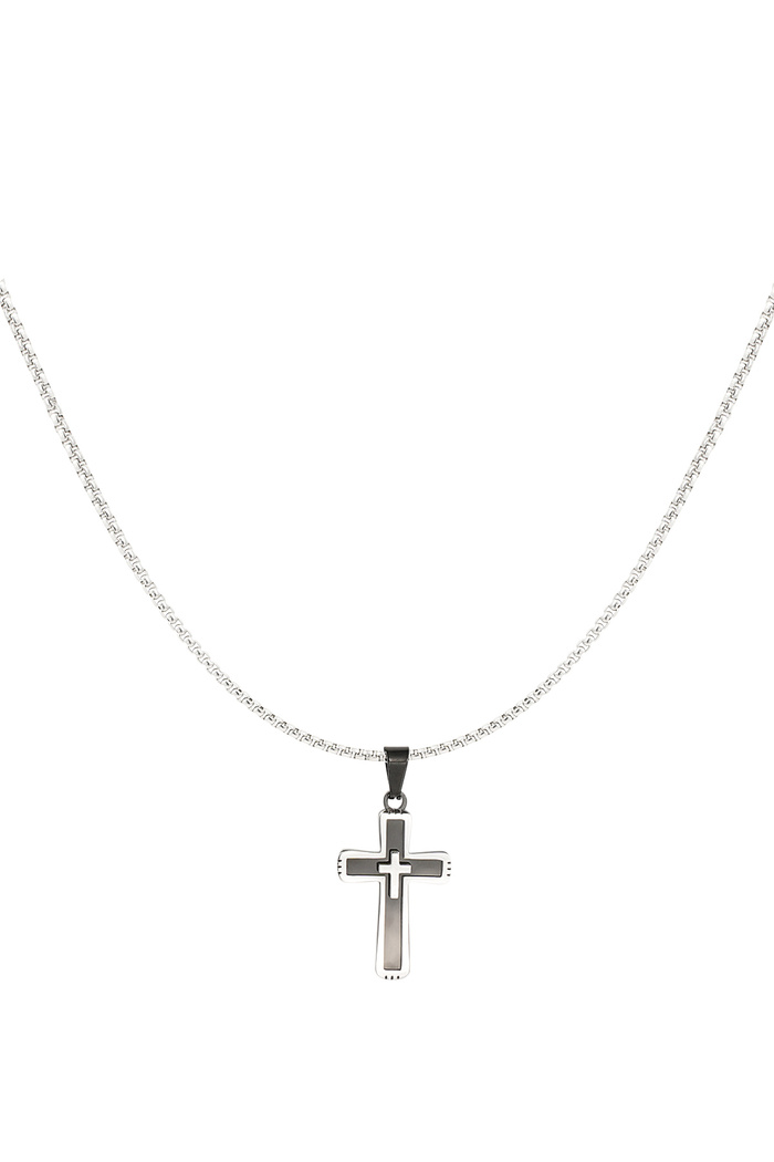 Men's necklace cross black details - silver/black 
